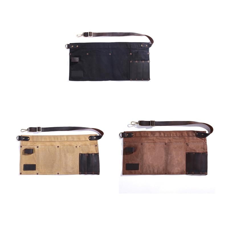 

Multi Pocket Apron for Women Real Leather Canvas Half Apron Pocket Waitress Teacher Vendor Utility Server Cosmetic