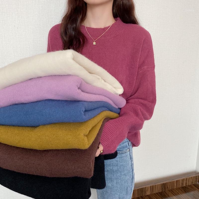 

Causal Pullovers Women Loose Medium Long Length Long Sleeves Pullover O-neck Simple Solid Color Sweater Thick Outerwear 2020 New1, Black