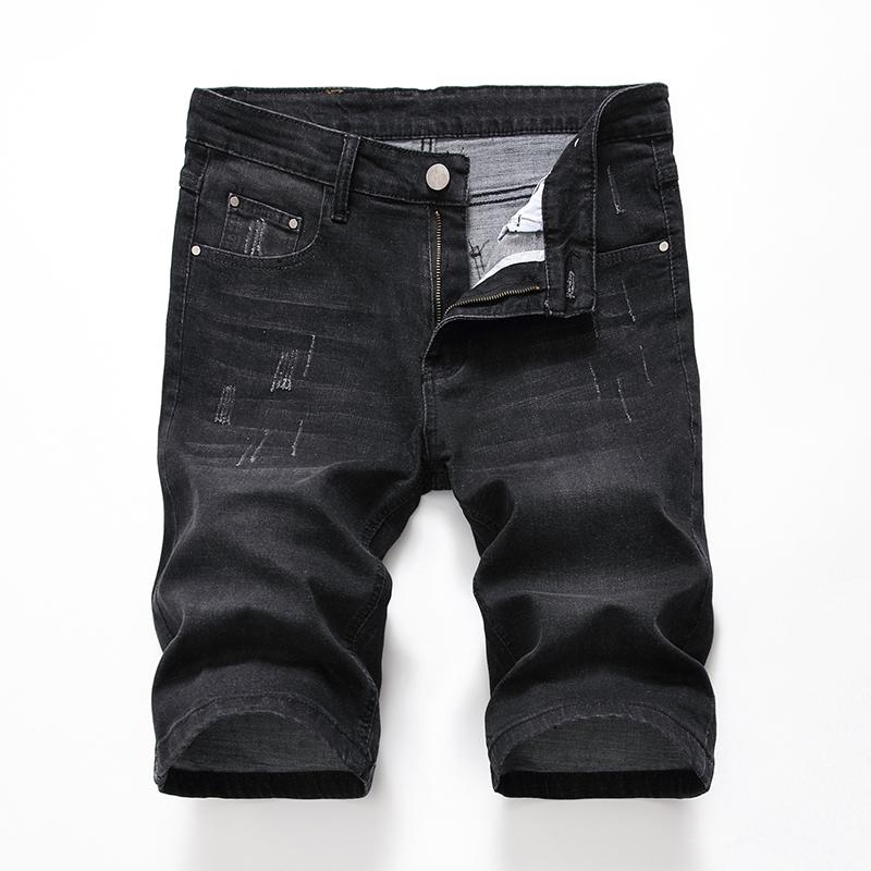 

Men denim stretch shorts ripped holes Slim small straight men black gray five-point denim shorts, 1006black