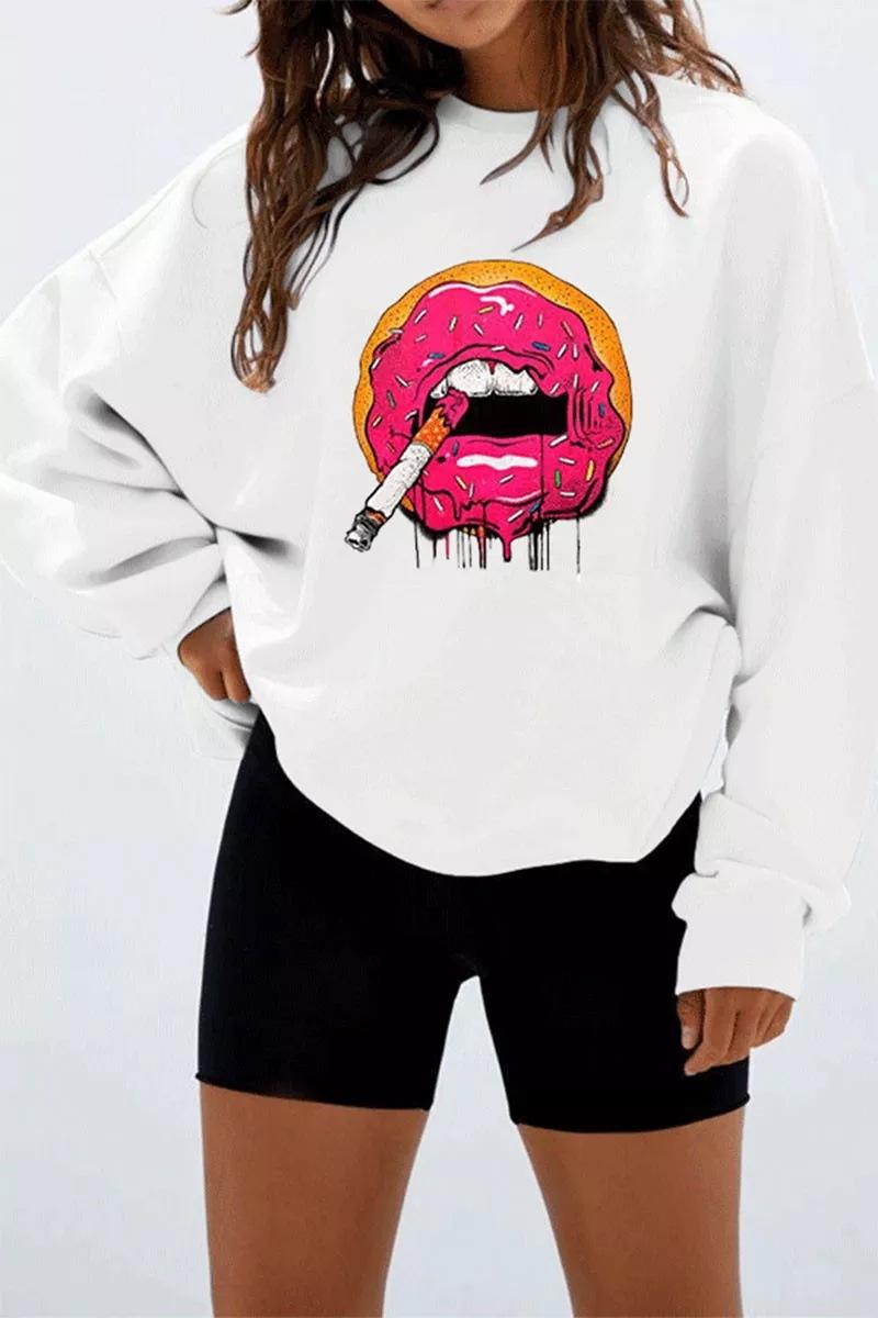 

Winter 2020 New Thick Plus Velvet Top Women's Long-sleeved Sexy Red Lips Printing Large Size -4XL All-match Sweater Coat Top, White