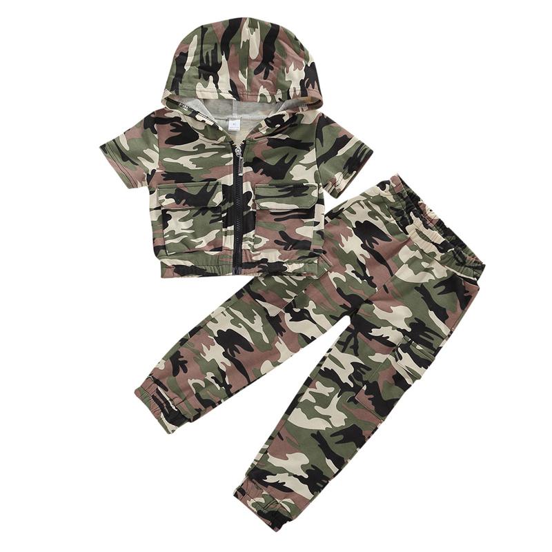 

Clothing Sets Fashion Summer Kids Baby Girls Clothes Short Sleeve Camouflage Print Hooded Tops+Print Pants 2pcs, White