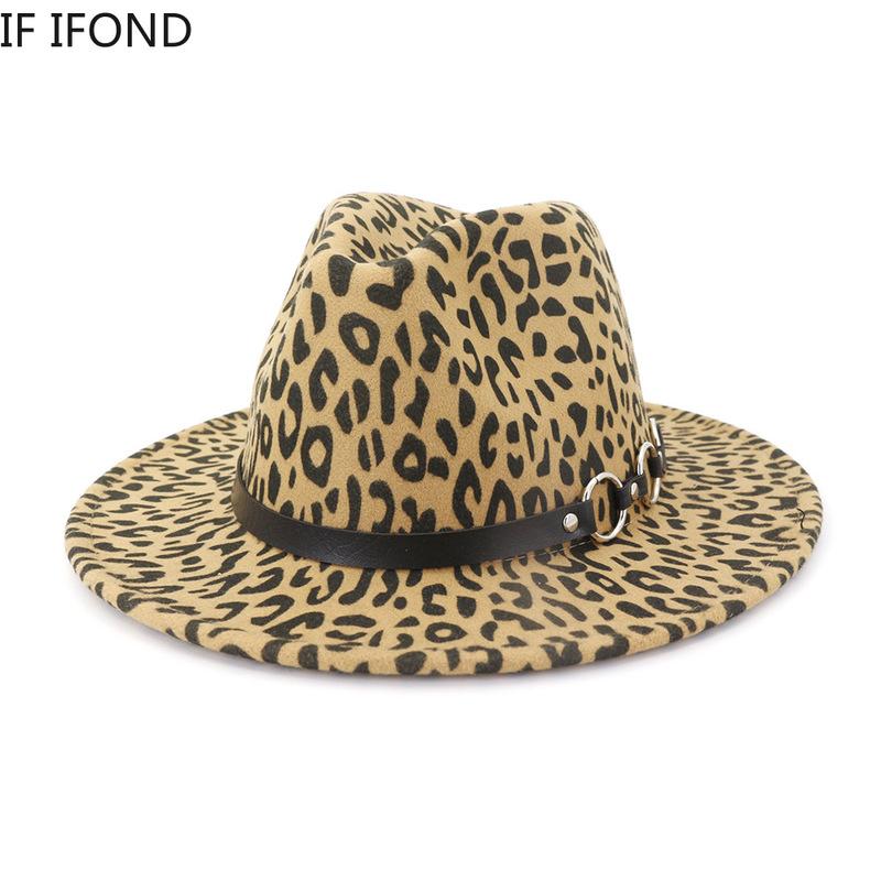 

Wide Brim Hats Vintaget 60CM Wool Felt Fedora Leopard Grain Leather Jazz Hat Trilby Panama Formal