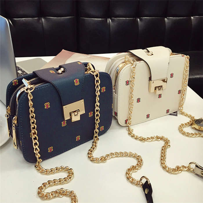

HBP Ladies Small Square Bag Chain Clip Lock Flower Printing Single Shoulder Bag Sweet Girls Multiple Patterns Spring New Arrival, Blue
