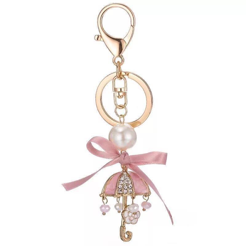 

New creative cute crystal umbrella key chain female ribbon small umbrella car key ring bag pendant accessories charm keychain