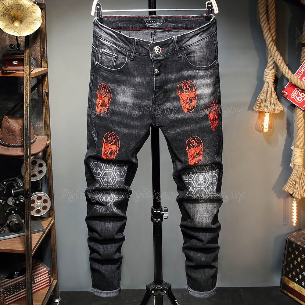 

Men's Black Jeans Streetwear Fashion Trousers Embroidery Skull Stretch Denim Biker Jeans High Quality Male Casual Designer Ripped Comfortabl, 3004