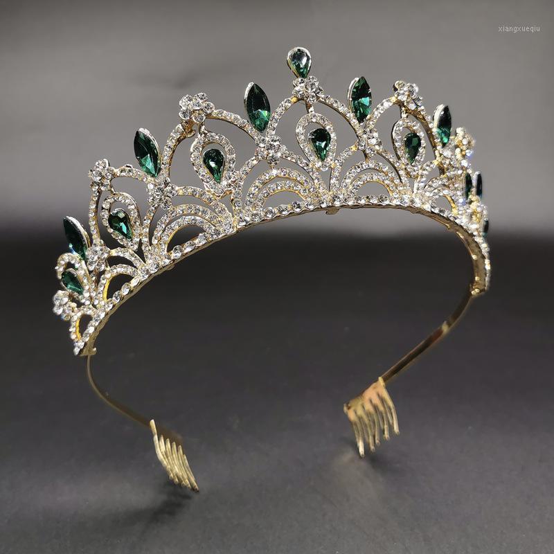 

Hair Clips & Barrettes Crystal Bridal Tiaras Queen Big Crowns Women Green Rhinestone Baroque Pageant Diadem Vintage Wedding Accessories Jewe, Golden;silver