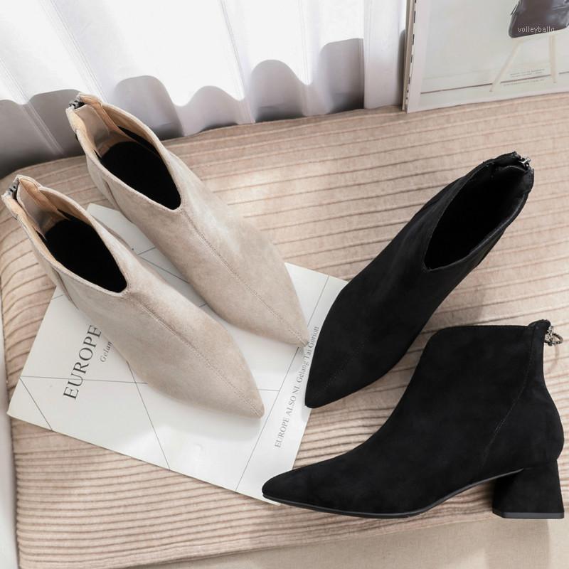 

Woman Cowboy Boots Winter 2020 Sexy Solid Flock Black Beige Rubber Zipper Point Toe Square High Heels Ankle Boots for Women1, 1269-1-black fabric