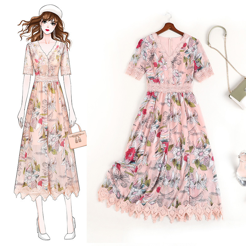 

2021 Summer Six Long Size Printed Fairy Ribbon Fat-covering Thin Western-style Aging Female Dress More Gel0, Pink.