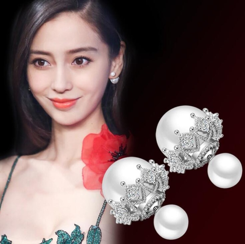 

S925 Sterling Silver Plated Stud Earrings with Crystal Pearl Double Side Lace Designer Earrings with CZ Diamond Stone Jewelry for Wedding, Golden;silver