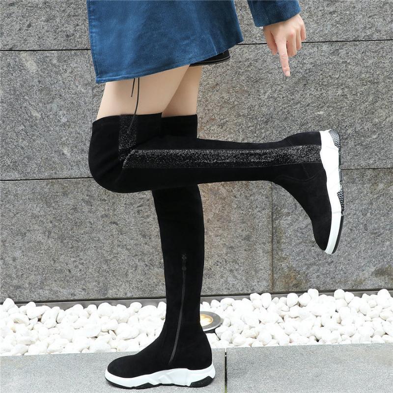 

2020 Platform Oxfords Shoes Women Stretchy Velvet Wedges High Heel Over The Knee High Boots Female Round Toe Fashion Sneakers1, Grey1