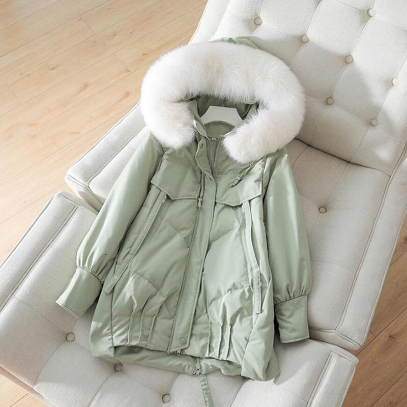 

2021 New women winter 90% white warm thick coat parkas big natural raccoon skin with hood down jacket, Black