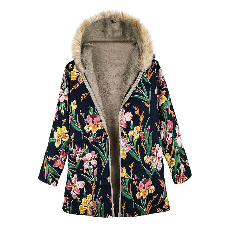

Autumn Winter Warm Long Vintage Overcoat Women Zipper Long Sleeves Flower Printing Plush Hooded Jacket Cardigan Jumper Femme