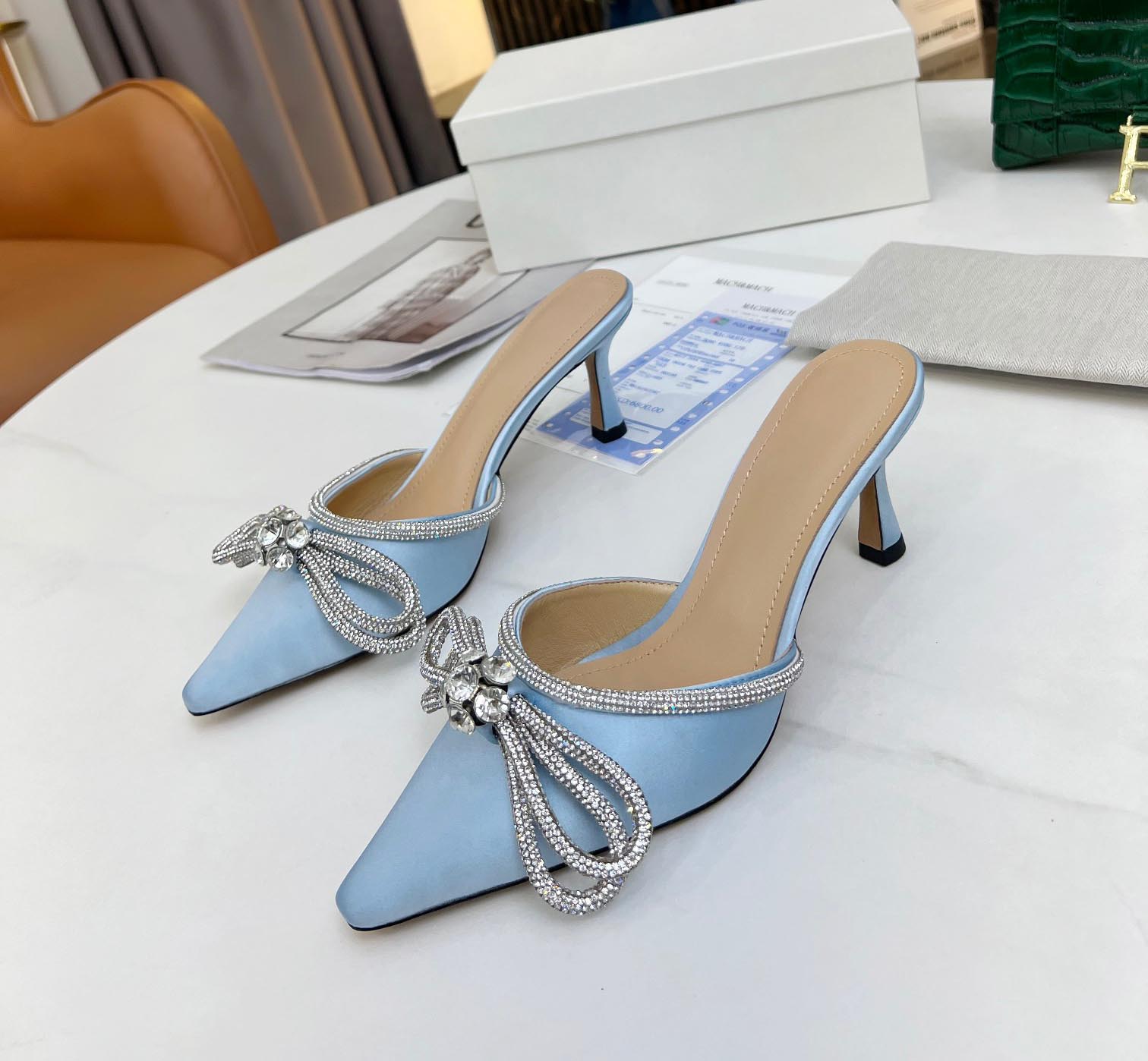 

Top quality sandals womens Dress shoes Designers 6.5cm Heeled slippers Genuine Leather Fashion Bow Crystal Embellishments, Custom made