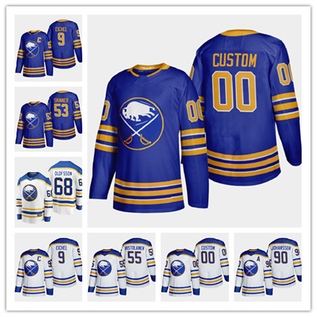 

Buffalo Sabres 2020-21 Custom 9 Jack Eichel 68 Victor Olofsson 53 Jeff Skinner 55 Rasmus Ristolaine Home Away Return to Royal Hockey Jerseys, Blue