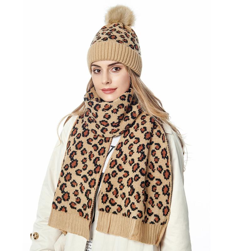 

Winter Knitted Beanies Hats Scarf Women Thick Warm Ball Female Leopard Wool Caps Outdoor Riding Sets