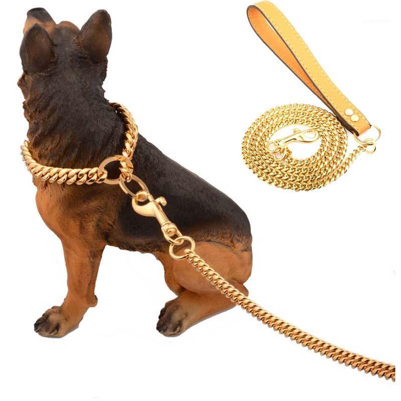 

Golden Chain Puppy Dog Collar Neck Leashes Leather Handle Stainless Steel Chain Dog Cat Walking Leash Ropes Supplies 10A1
