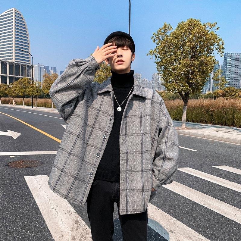 

Spring Men Korean Style Plaid Overcoat 2021 Overcoat Wool Mens Streetwear Windbreaker Harajuku Fashions Oversize Jackets Coats, Blue
