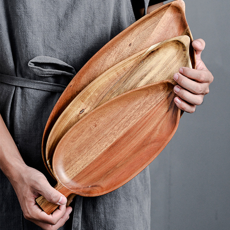 

2021 New Fashion Solid Leaf Pan Fruit Dishes Saucer Tea Tray Dessert Dinner Bread Wood Plate Storage Trays 3lzd