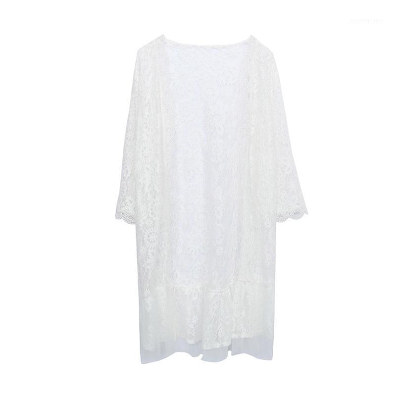

Korean Style Office Lace Print Long Three Quarter Flare Sleeve Thin Plus Size -4XL Women Coats 2020 Summer New Open Stitch1, Black