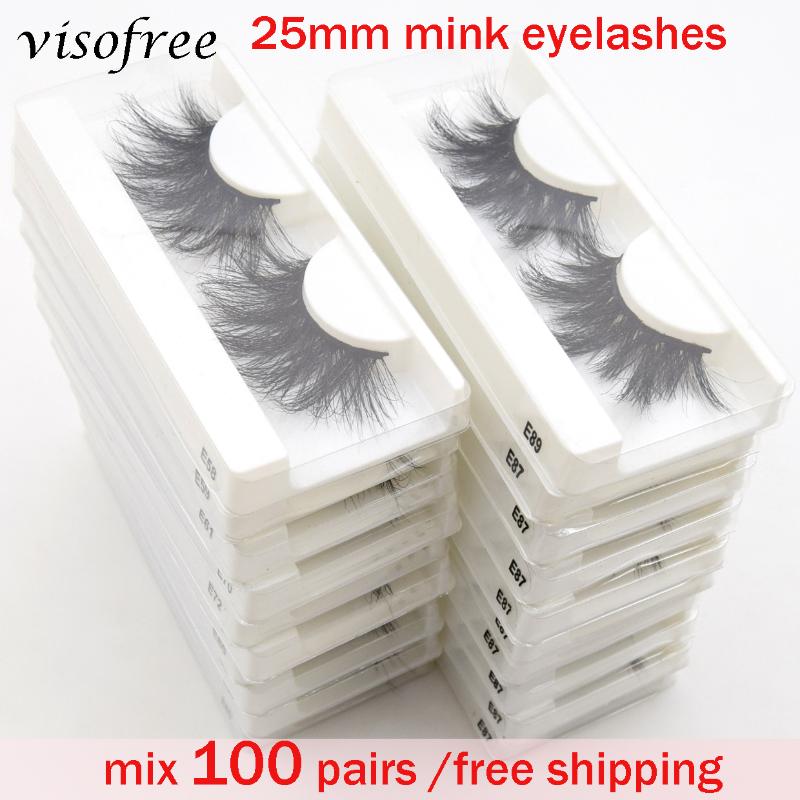 

25/50/100PCS Bulk Visofree 25MM Mink False Eyelashes Wholesale 3D Mink Lashes White Tray Label Makeup Dramatic Long Lashes