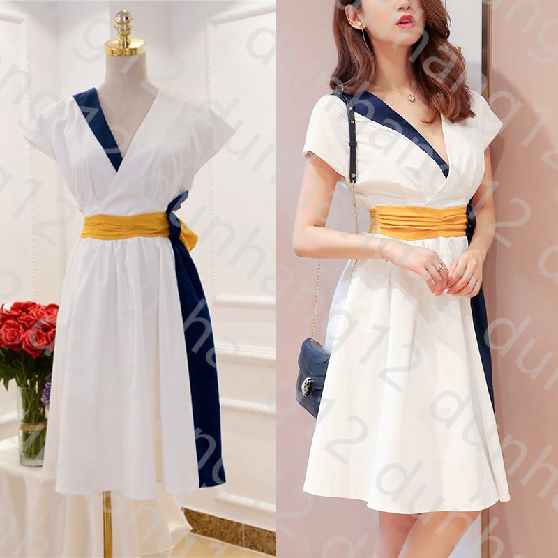 

2021 new summer professional dress temperament color matching slim dress mid skirt slim fit short sleeve high waist dress, White