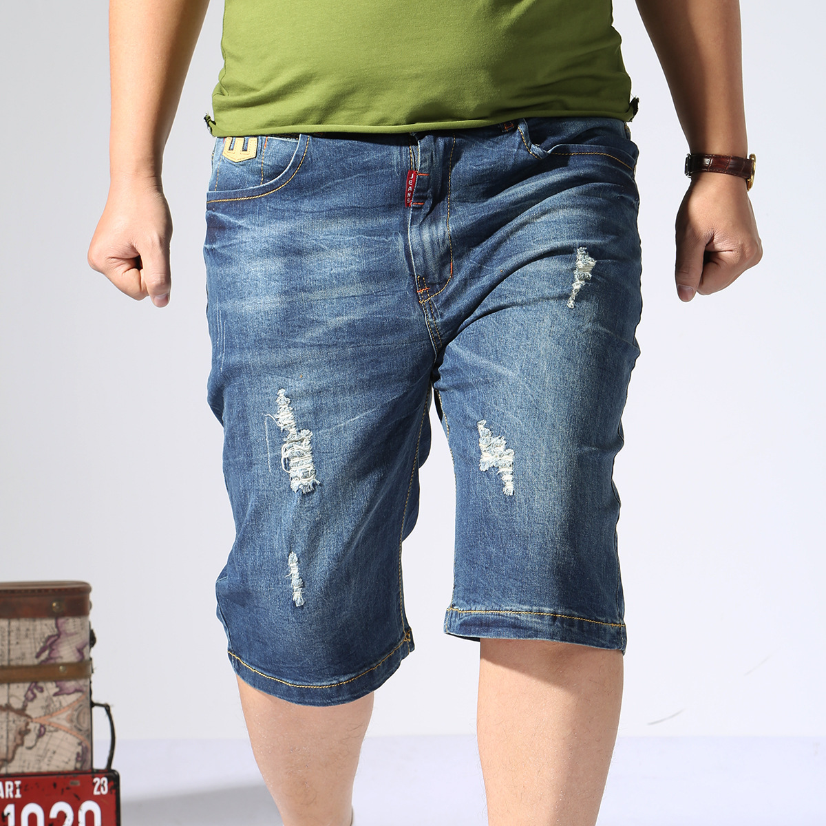 

2021 New Men's Summer Big Male Torn Short Micro Stretch Hot Pants Plus Size Denim Shorts C7ea, Blue