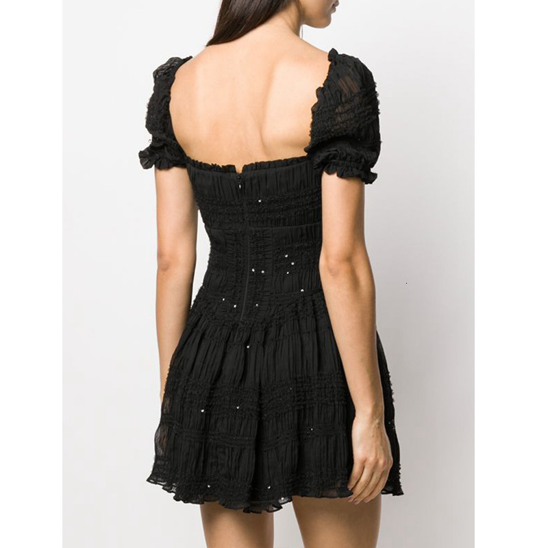 

New Solid Black Chiffon Dressed Square Neck Short Puff Sleeve Sequins Embroidered Casual Fashion Mini Dress Woman Clue 4uq7