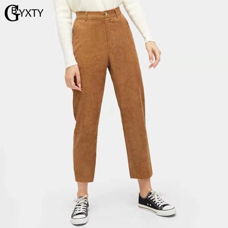 

GBYXTY Vintage High Waist Corduroy Straight Pants Capris New Spring Streetwear Ankle Length Women Winter Pants Trousers 1826, Orange