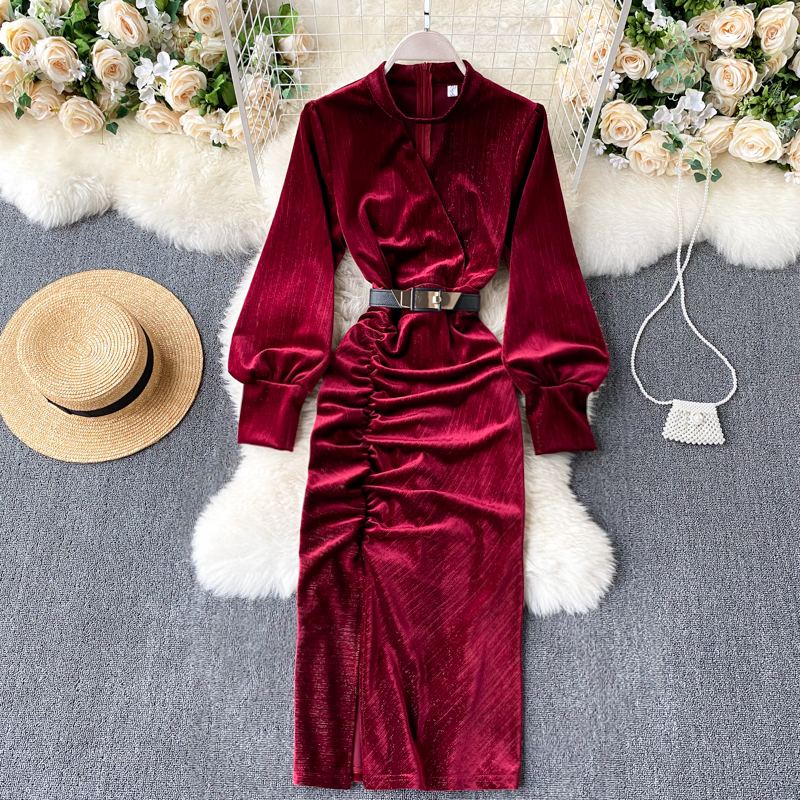 

2021 New Singreingy chic velvet women's puff neck ruched fine autumn retro sexy long dress EW4R, Black