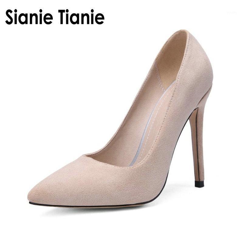 

Sianie Tianie faux suede flock pointed toe shallow single shoes 10cm lady thin high heels for women office woman pumps stilettos1, Beige