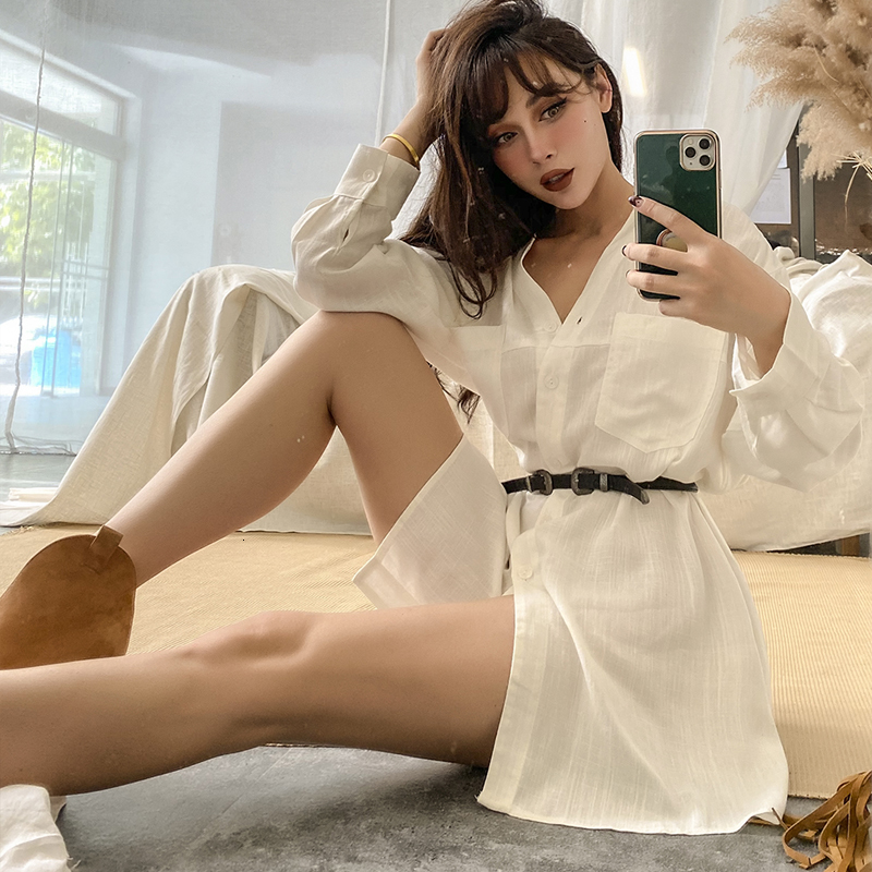 

2021 New Autumn Sexy Fashion Low-cut White Shirts Vintage Long Sleeve Women's Blouse Tops Fall Streetwear Up Shirt BG20, One size