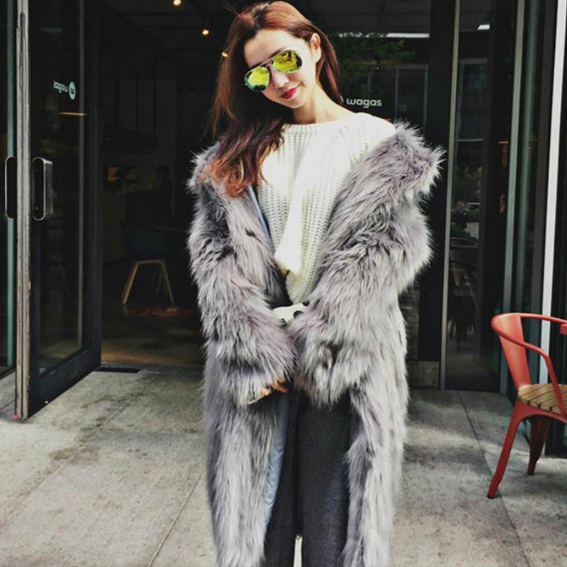 

X-Long Artificial Long Plush Fur Coat Windbreaker Gray Turn Down Collar Long Jacket Fur Trench Faux Bomber Coat, As pic