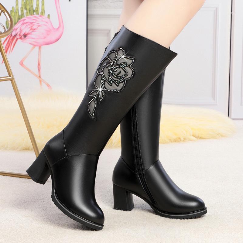 

AQ740 Winter Woman Middle tube Boots Genuine Leather Shoes Latest Wool Warm Women Footwear Long Boots Women Botas Mujer1, Black velvet