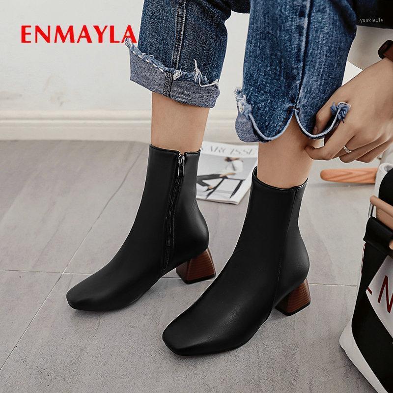 

ENMAYLA 2020 Ankle Boots for Women PU Zip Fashion Square Heel Winter Motorcycle Square Toe Short Plush Women Shoes Size 34-431, Black