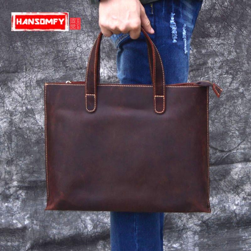 

Men's Briefcase Male Messenger Shoulder Bags Brown Leather Laptop Crossbody Bag Office Handbags Vintage 2021 Crazy Horse Leather, Dark brown