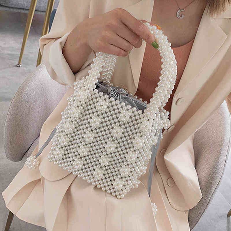 

Women Sweet Pearl Handmade Bag Beaded Totes Evening Bags Clutch Wallet Korean Style Vintage Magic Handbags X220214, White