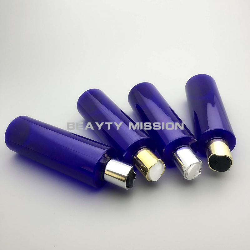 

BEAUTY MISSION 250ml 24 pcs/lot blue empty plastic shampoo PET bottle with gold/silver disc top cap, cream/essential oil bottle1
