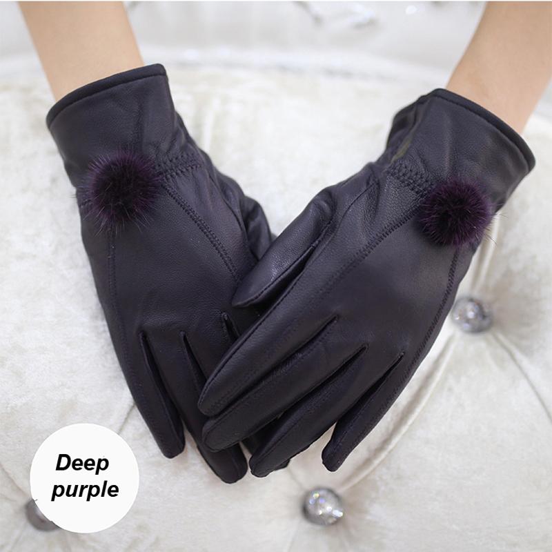 

Five Fingers Gloves Genuine Leather Women's 2021 Spring Autumn Wirst Mittens Real Fur Female Fashion Glove Pompom