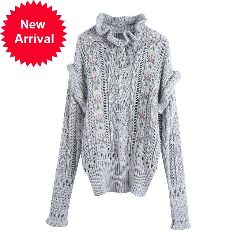 

Autumn 2021 Novelty European Women's Fashions Embroidered Female Knitted Nightgown Sweet Sweater Top 83DF, Sky blue