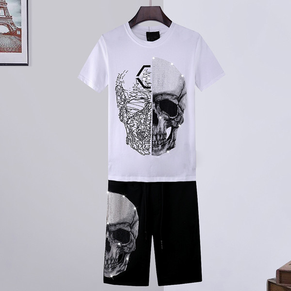

High Quality crystal Skull T Shirts Set Mens Summer Basic Solid tiger T-shirt Casual Punk letter tops Tee clothing Black white short sleeve