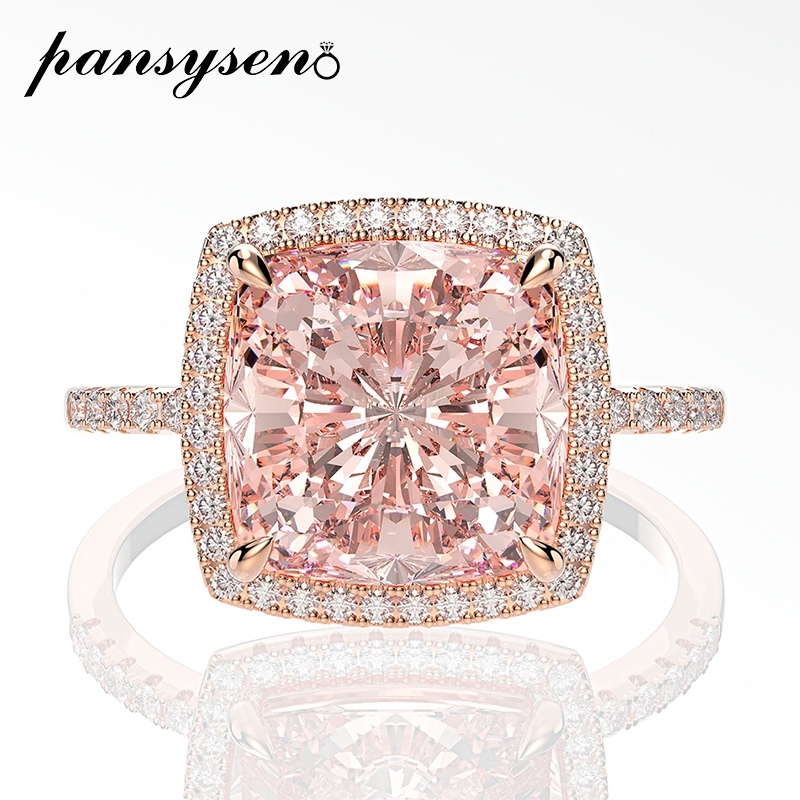 

PANSYSEN 10MM Square Morganite Gemstone Rings for Women Solid 925 Sterling Silver Sparking Cocktail Ring Wedding Fine Jewelry 201112