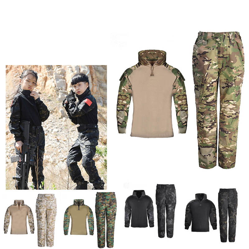 

Woodland Shooting Shirt Pants Set Battle Dress Uniform Tactical BDU Set Combat Children Clothing Camouflage Kid Child Uniform P05-022, Black;green
