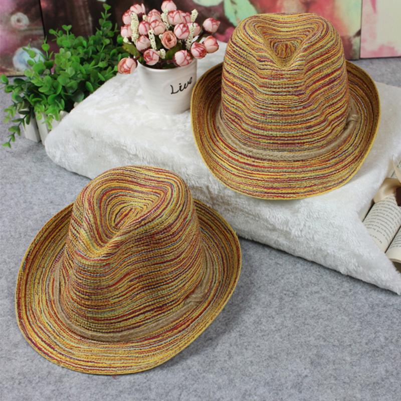 

Women Exquisite Straw Hat Holiday Adult Beach Sun Protection Fashion Casual Summer Wide Brim Weaving Gift Travel Rainbow Stripe, As pic