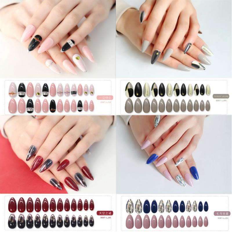 

24pcs Fashion False Nail Press On Nails Tip Full Cover Pre Glue Designed Women Nail Art Decoration Artificial Stiletto, Lj06