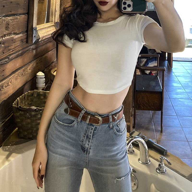 

2021 New Recommended Edge Curved Neck Tight Casual Thin Shirt Elastic Female Cotton Sexy All-match Tops QM2V, White.