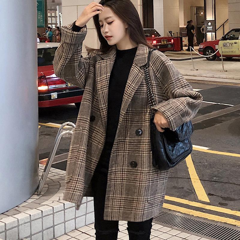 

2020 Plaid Thick Winter Coat Women Wool Blend Office Coats Fashion Double Breasted Warm Lady Jacket Long Sleeve Outwear Coat, Gray