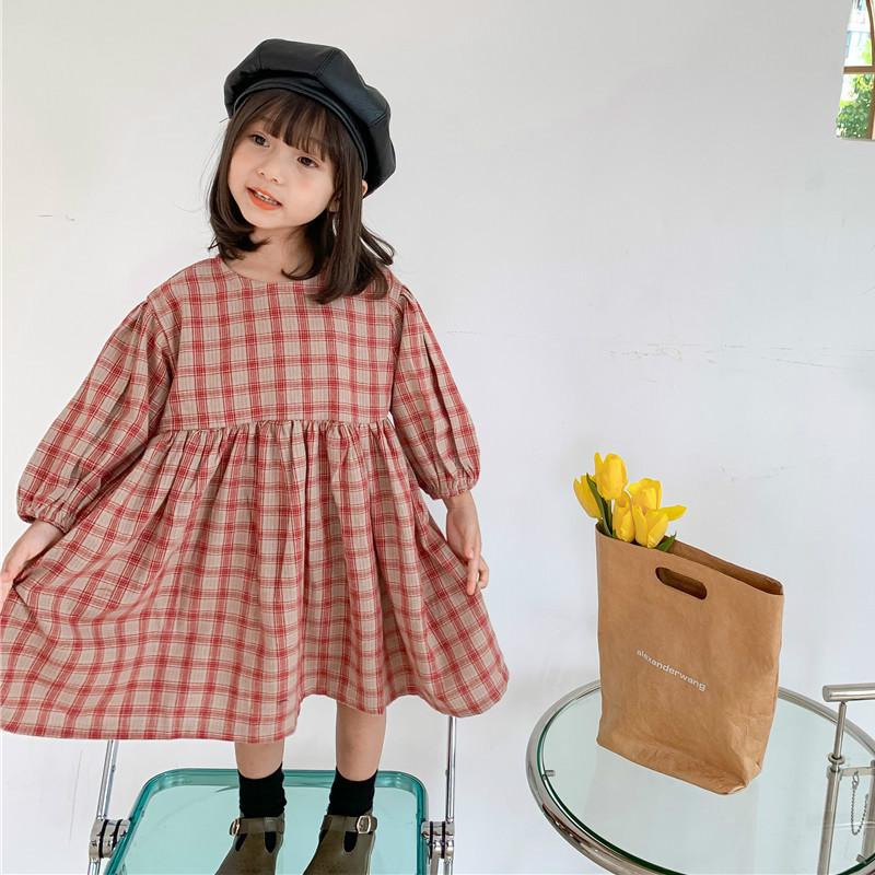 

2021 Spring New Arrival Girls Long Sleeve Plaid Dress Kids Cotton Dress Kids Clothes, Red