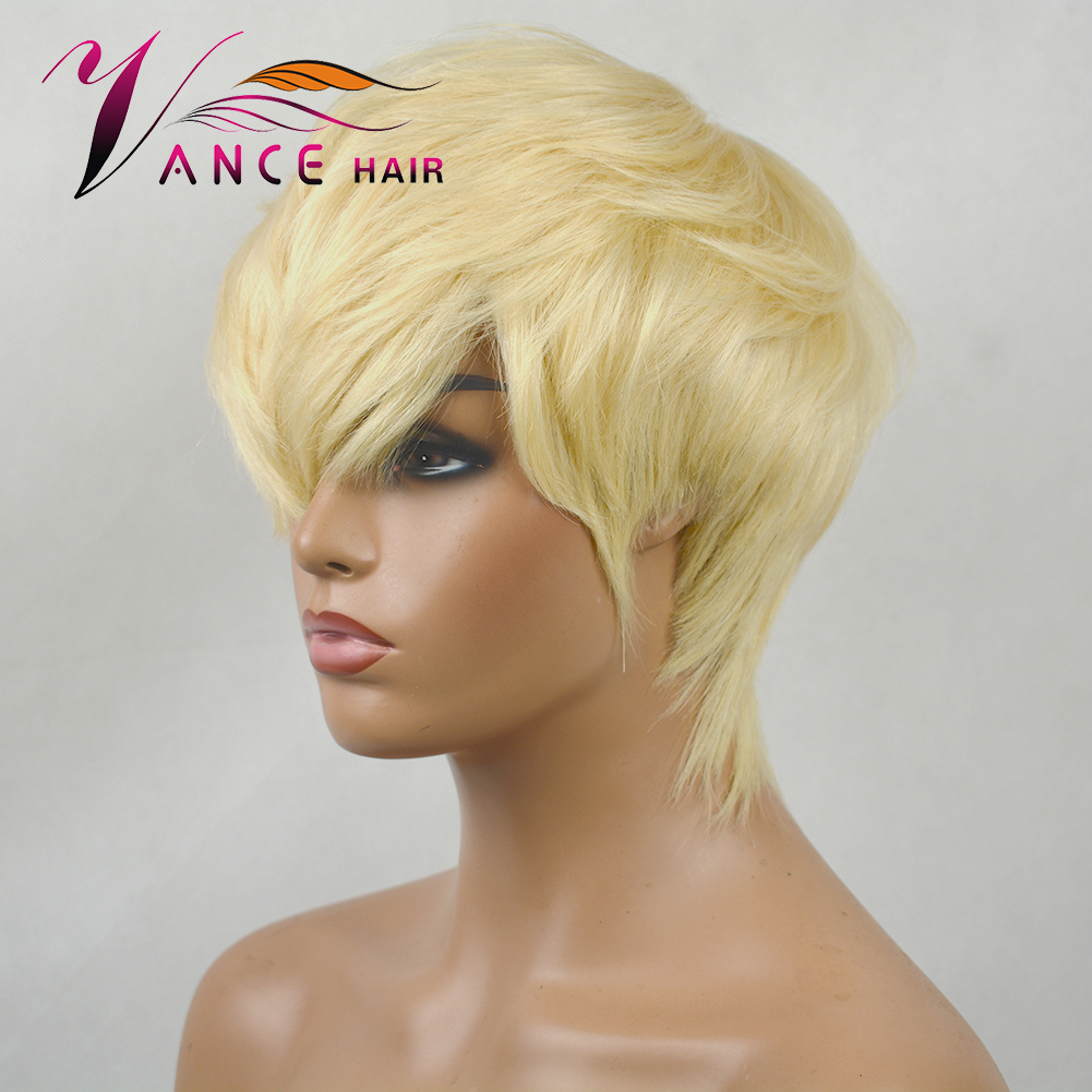 

Vancehair full machine Human Hair Wigs for Women 613 Honey Blond Pixie Cut Layered Bob Wigs, Black;brown