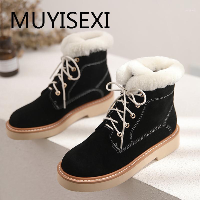 

Russia Women Winter Shoes Genuine Leather Flat Platform Round Toe Western Ankle Boots Keep Warm Pink Black MT05 MUYISEXI1