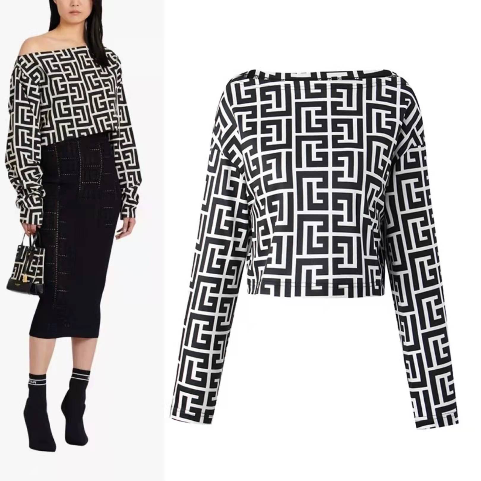 

Fashion lady spring print sexy slash-neck short sweatshirt, Black